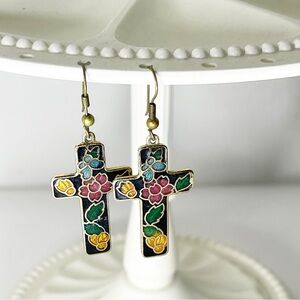 Vintage Cloisonne Cross Earrings Colorful Floral Gold Tone Dangle Drop Boho Glam